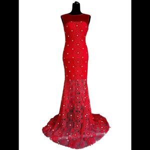 JOVANI Dress size 4 Red Mesh Sequins Lined Lace Fitted Stretch Low Back NEW